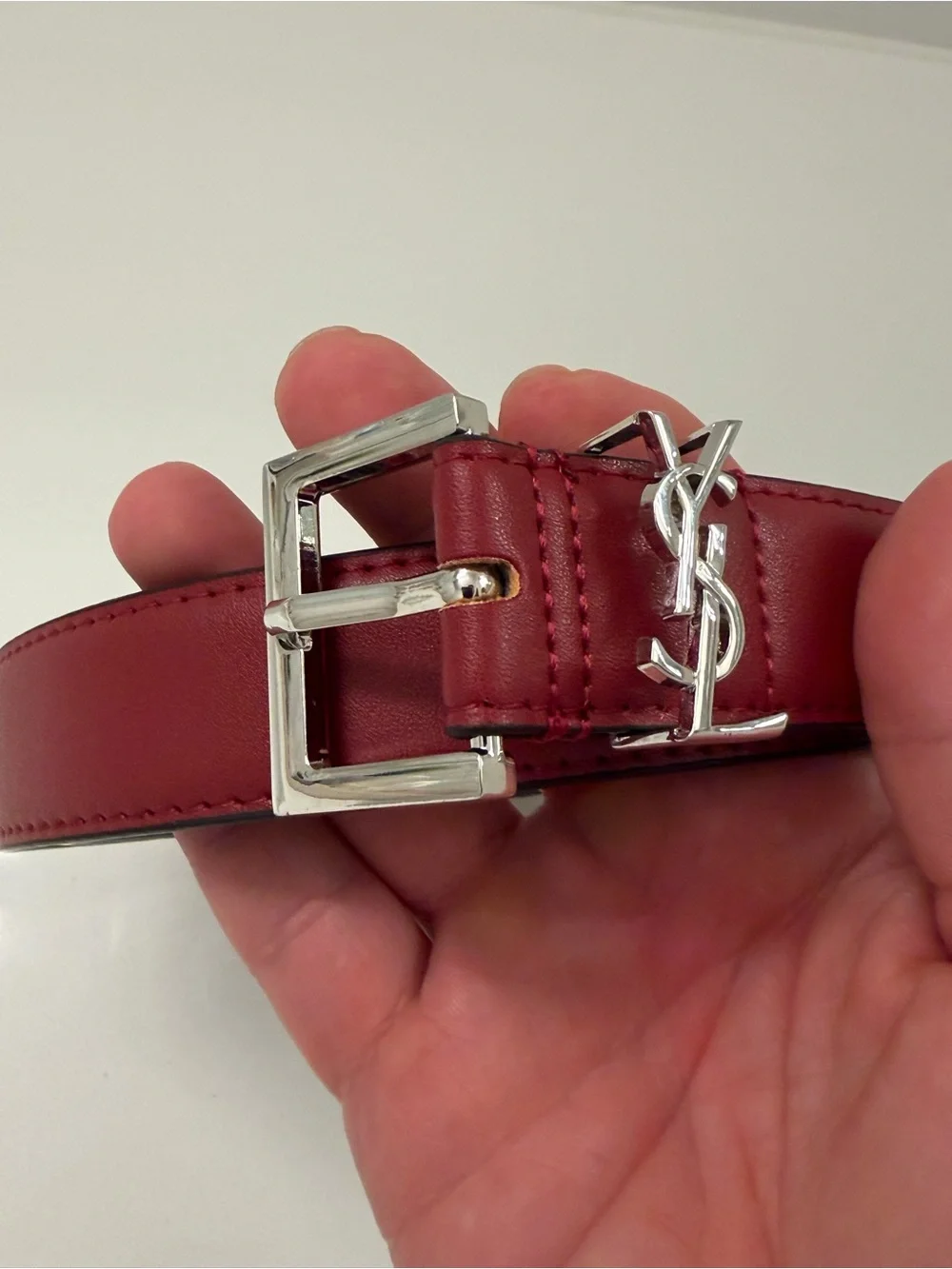 Saint Laurent YSL Burgundy Red Leather Belt Silver